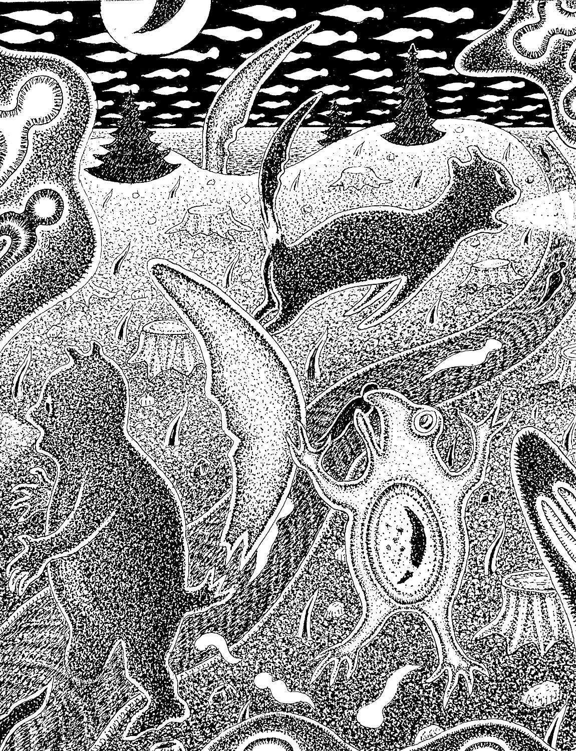 Wayne Paige, Moon Tails, pen and ink on paper, 9_ x 6_ (14_ x 11_ framed), $375, 2025